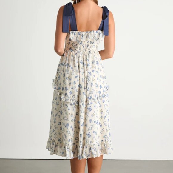 Lulus Candice Ivory Floral Ruffled Tie-Strap Midi Dress - Picture 2 of 7